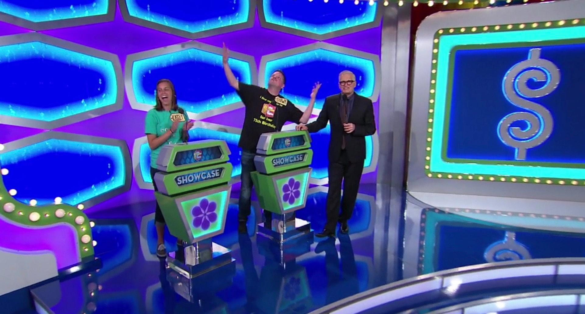 Shawn celebrating his win on The Price Is Right with Drew Carey