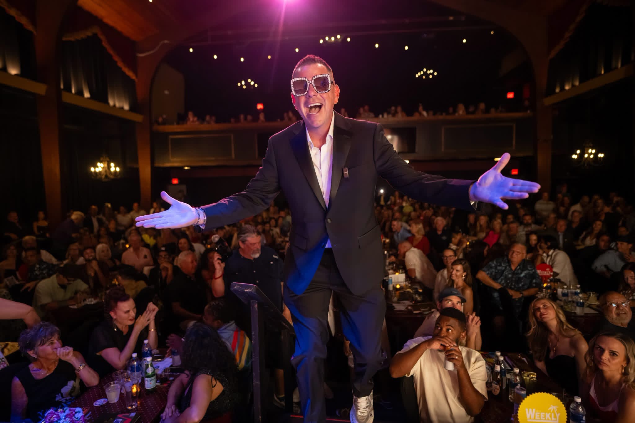 Shawn celebrating with arms out at the Bubba Awards